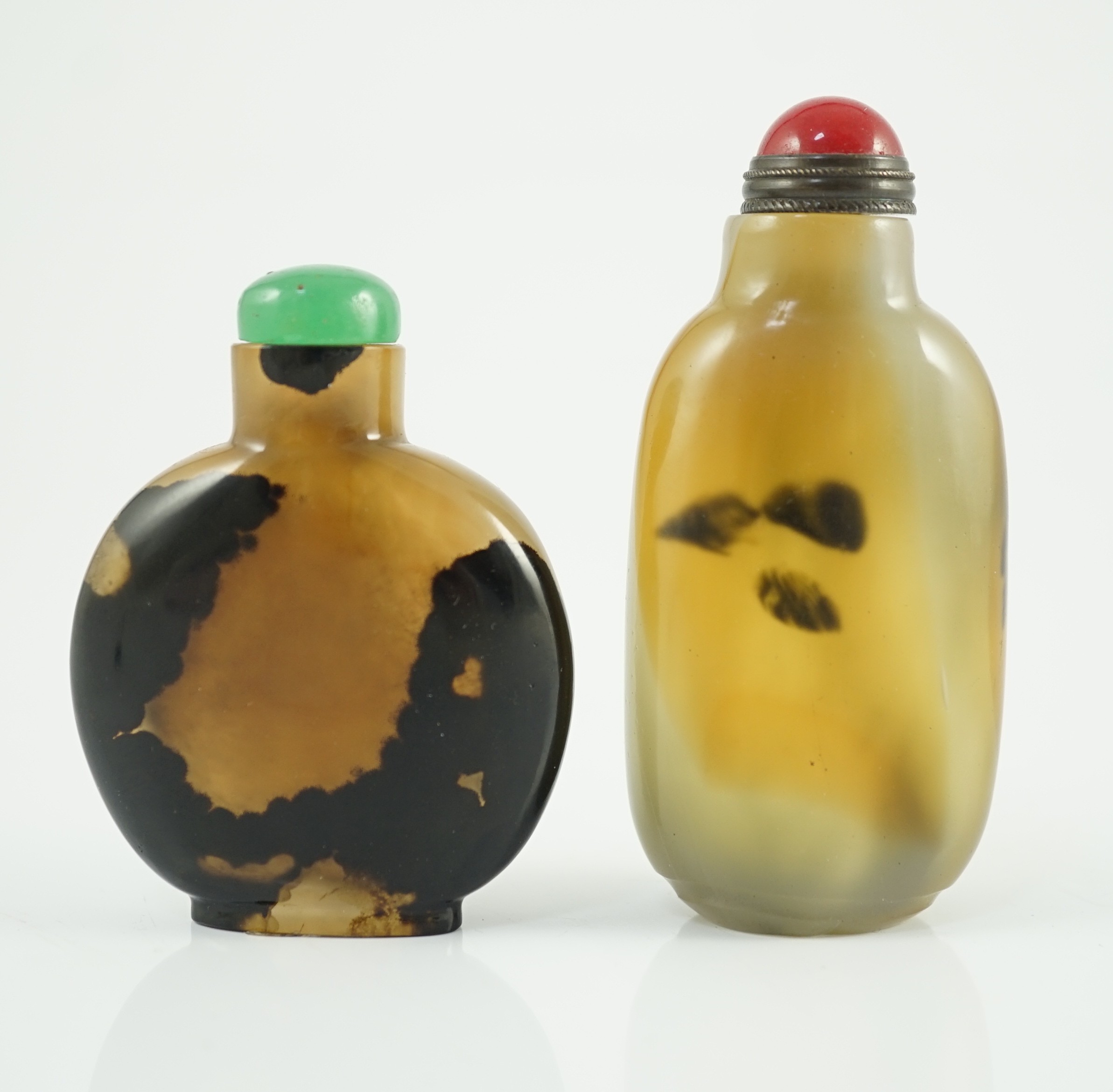 A Chinese shadow agate snuff bottle, and an imitation shadow agate glass snuff bottle, both c.1760-1860